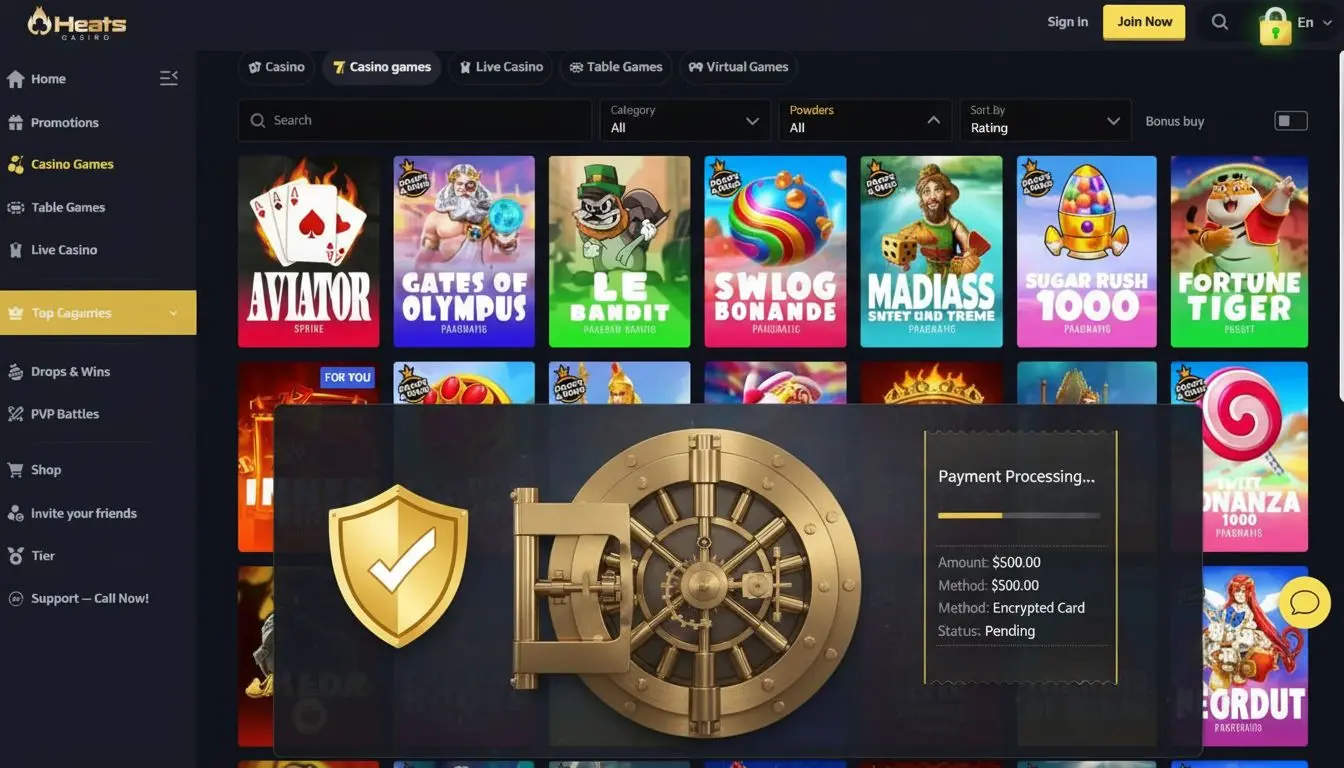 Secure casino payments interface with vault and shield